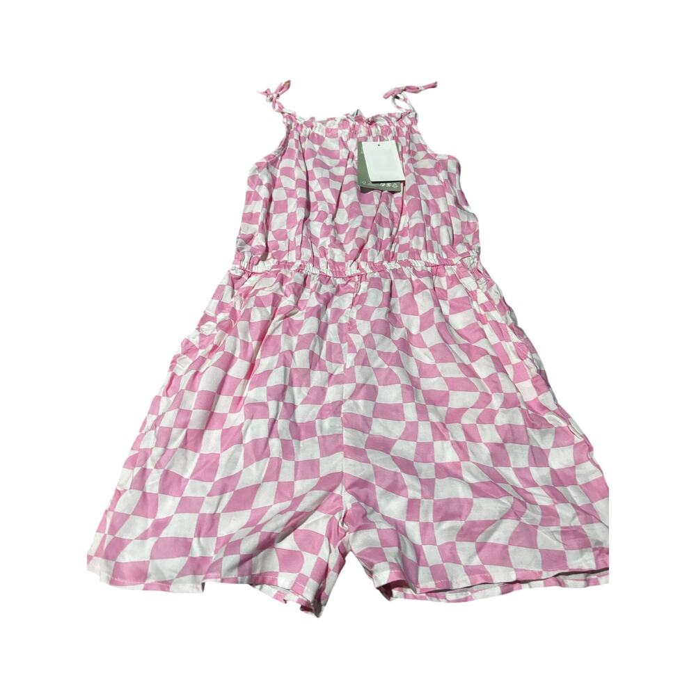 H & M 14 white pink checkerboard onesie romper short tank outfit all viscose nwt